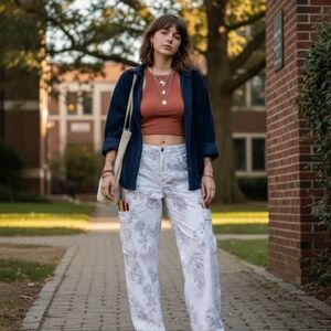 The Kit White Cotton Wide Leg Cargo Botanical Paint-By-Number Pants Sz 26